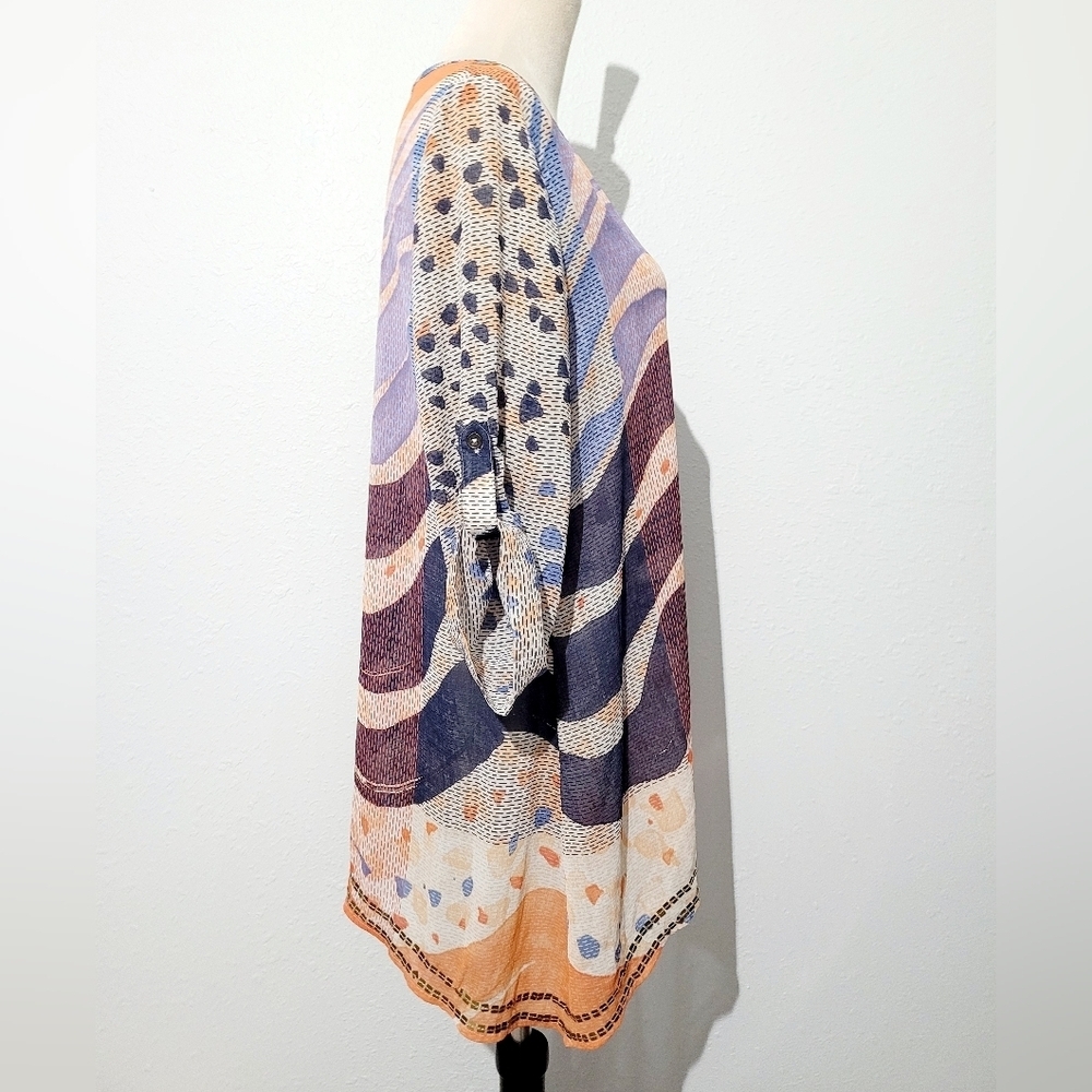 Chico’s Women’s Tunic Top Size Medium Sheer Abstract Print Roll Tab Sleeves - Picture 4 of 11